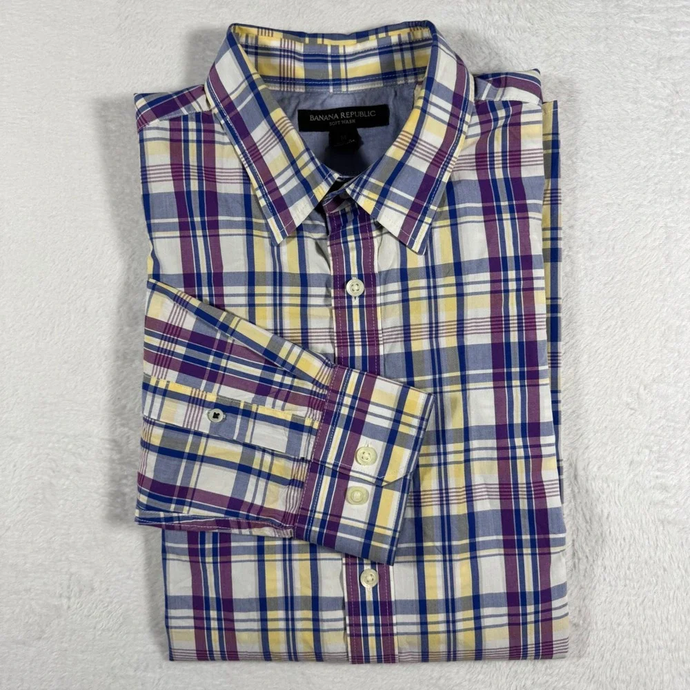 Banana Republic Button Down Shirt Mens M Multi‎ Plaid Excellent Soft Wash Cotton